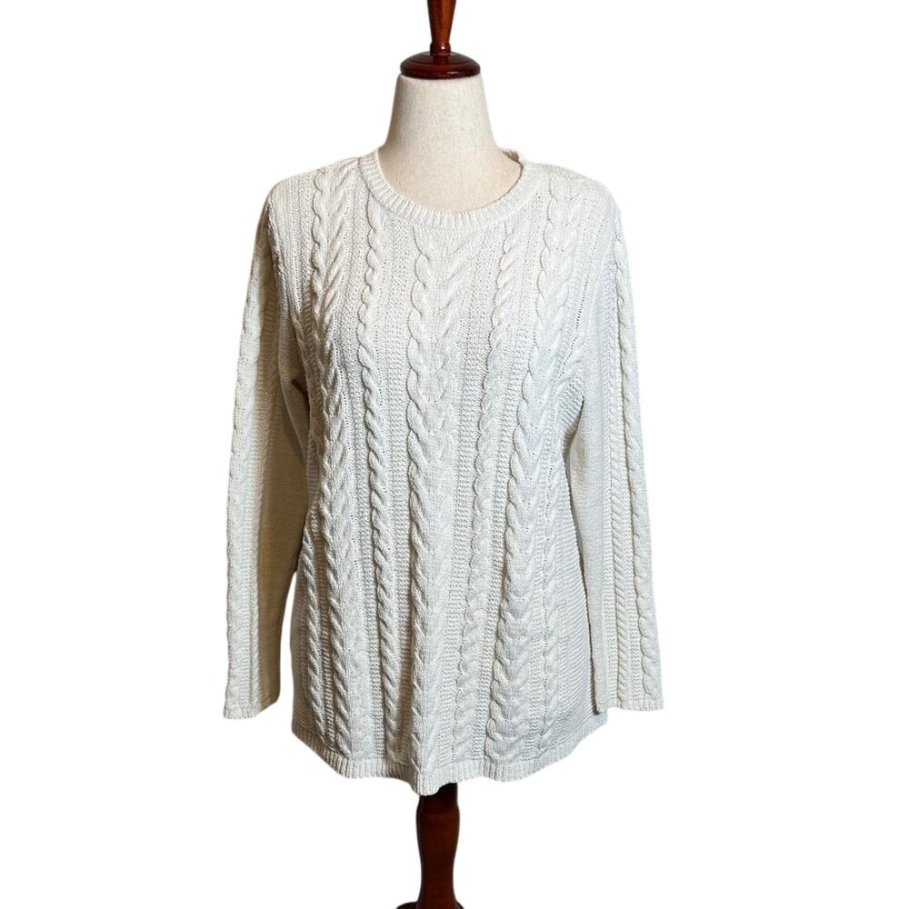 J. Jill white cable knit fisherman style long sleeve crew neck sweater Sz Med